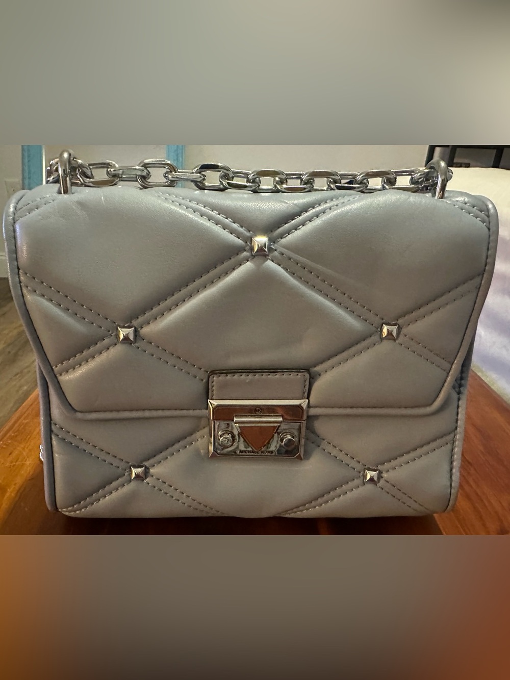 Michael Kors Silver Quilted Chain Shoulder Bag with Stud Accents